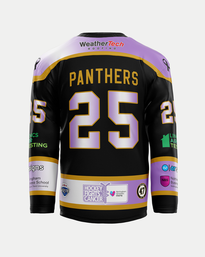The Panthersland 2025/26 Classic Team Replica Hockey Fights Cancer Jersey features black and purple colors, "PANTHERS" and number 25 on the back, sponsor logos like Nottingham Hospitals Charity, and a Hockey Fights Cancer patch near the hem.