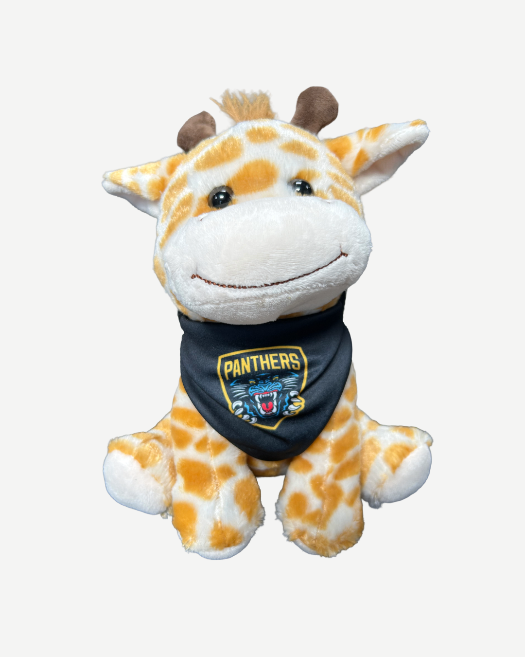 Plush giraffe toy wearing a bandana with a panthers logo on a white background