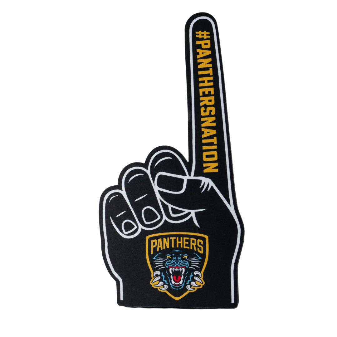 The Nottingham Panthers’ Foam Hand is black with a white outline and raised index finger. #PANTHERSNATION appears on the finger, and the palm shows a roaring panther logo with PANTHERS above it.
