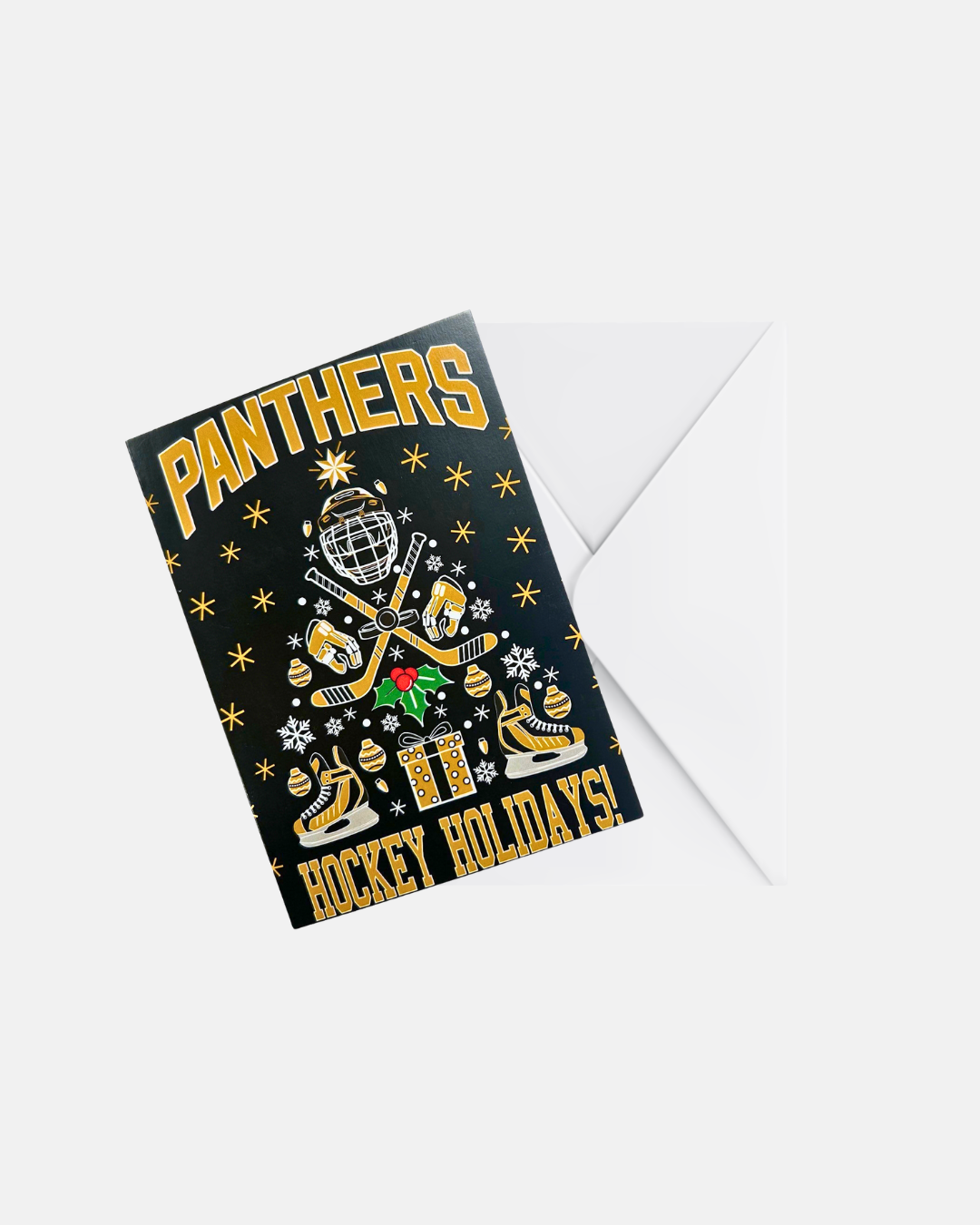 Celebrate the season with the Nottingham Panthers Christmas Cards 10 Pack by Panthersland, featuring festive hockey gear, snowflakes, gifts, and gold accents on a striking black background with “HOCKEY HOLIDAYS!” and PANTHERS. The card comes paired with an open white envelope behind it.