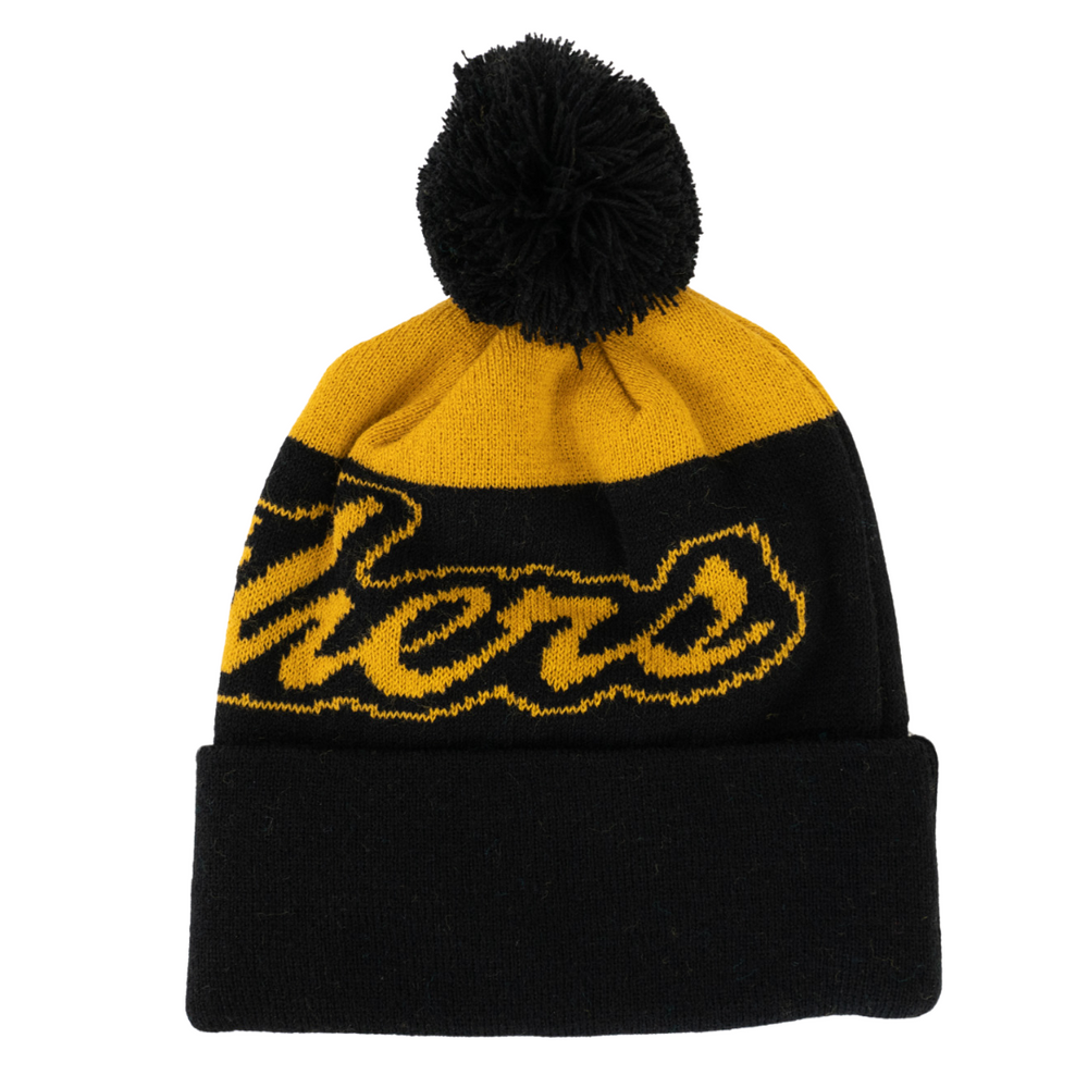 The Panthersland Nottingham Panthers 25-26 Beanie Black POM features black and yellow knit with a pom-pom, folded edge for warmth, and a partial cursive word in yellow across the front.