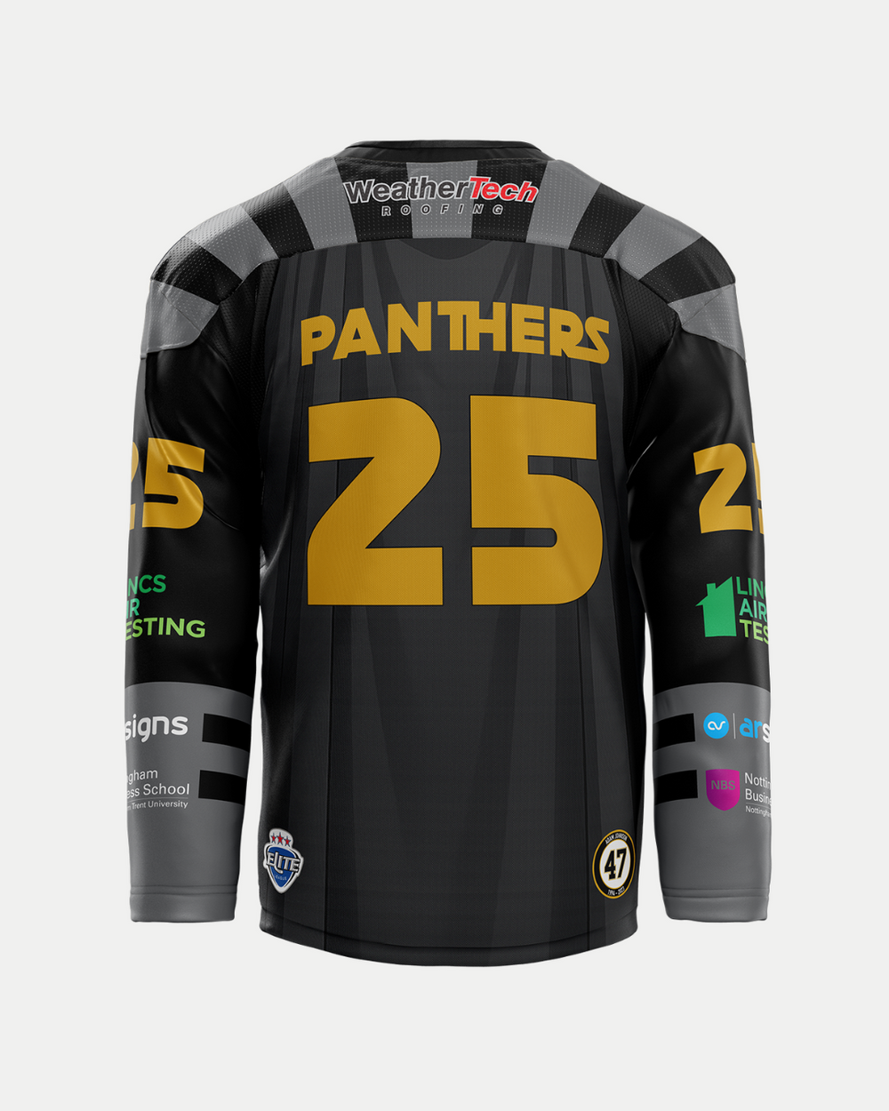 Back view of the Panthersland 2025/26 Classic Team Replica Movie Night Jersey in black and gray, featuring "PANTHERS" and number 25 in gold, sponsor logos on sleeves, WeatherTech on shoulders—ideal for custom player name and number.