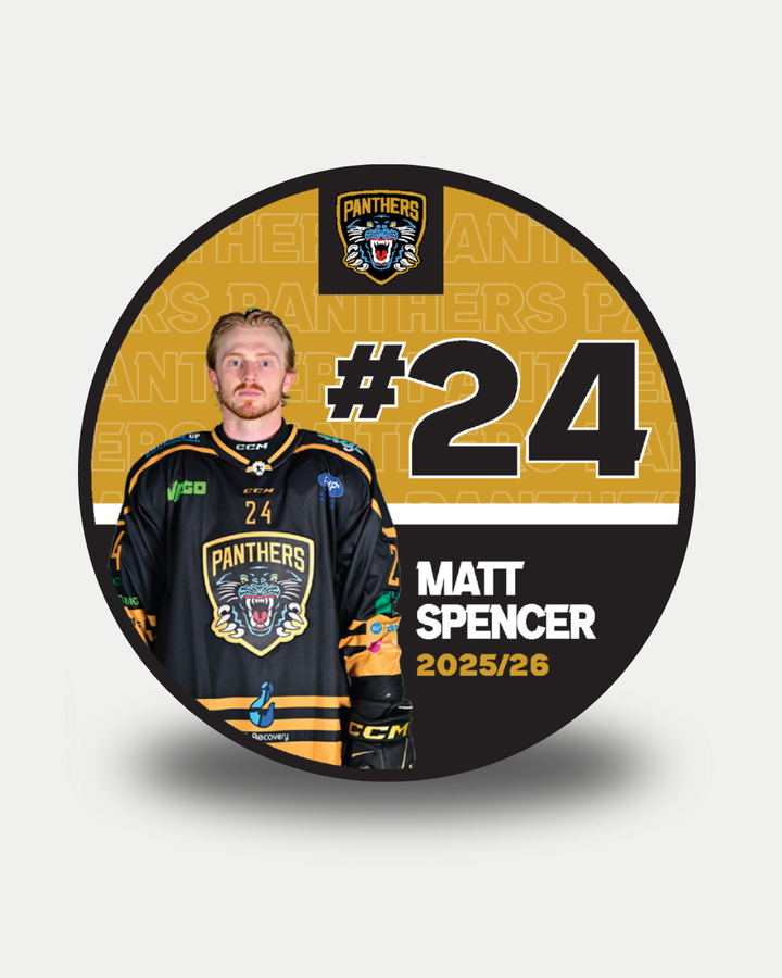 A limited edition 2025-26 Panthers Player Puck featuring Matt Spencer (#24) in a black and gold Nottingham Panthers jersey with the club logo and "Matt Spencer 2025/26" on a circular design—perfect for collectors.