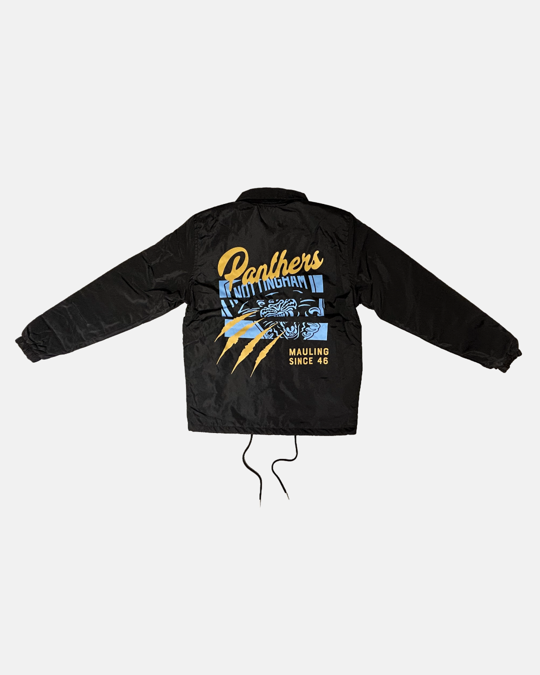 The Panthersland 26-27 Slice Coach Jacket features a classic black design with bold Panthers lettering, vivid blue and yellow accents, claw mark motifs, a fierce panther illustration, and the phrase “Mauling since 46” displayed on the back. It’s finished with a traditional collar, practical bottom drawstrings, and an eye-catching silicone crest inspired by the legendary Nottingham Panthers.