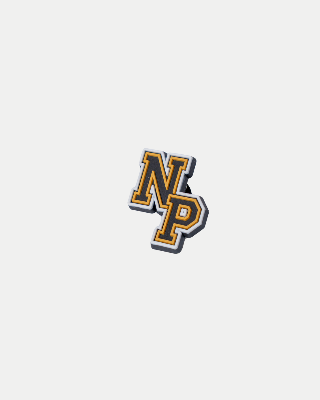 The Nottingham Panthers 25-26 NP Croc Charm by Panthersland features a varsity-style yellow and black overlapping NP emblem on a plain white background.
