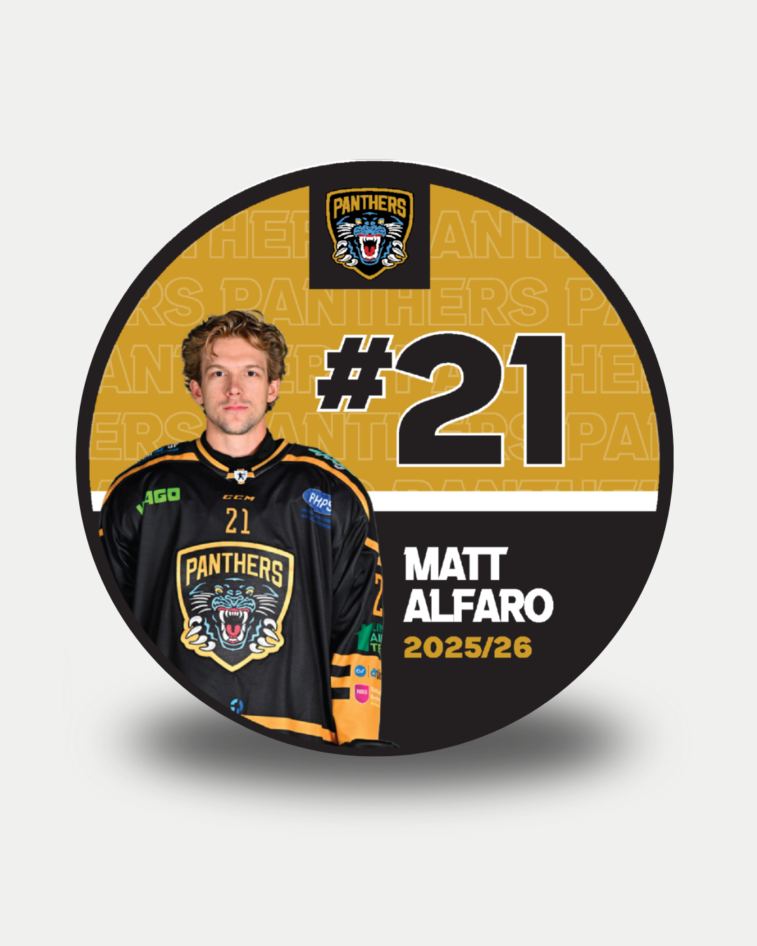 A circular graphic for the 2025-26 Panthers Player Pucks by Nottingham Panthers features Matt Alfaro (#21) in team jersey, his name, the Panthers logo, and a gold background—ideal for limited edition ice hockey pucks.