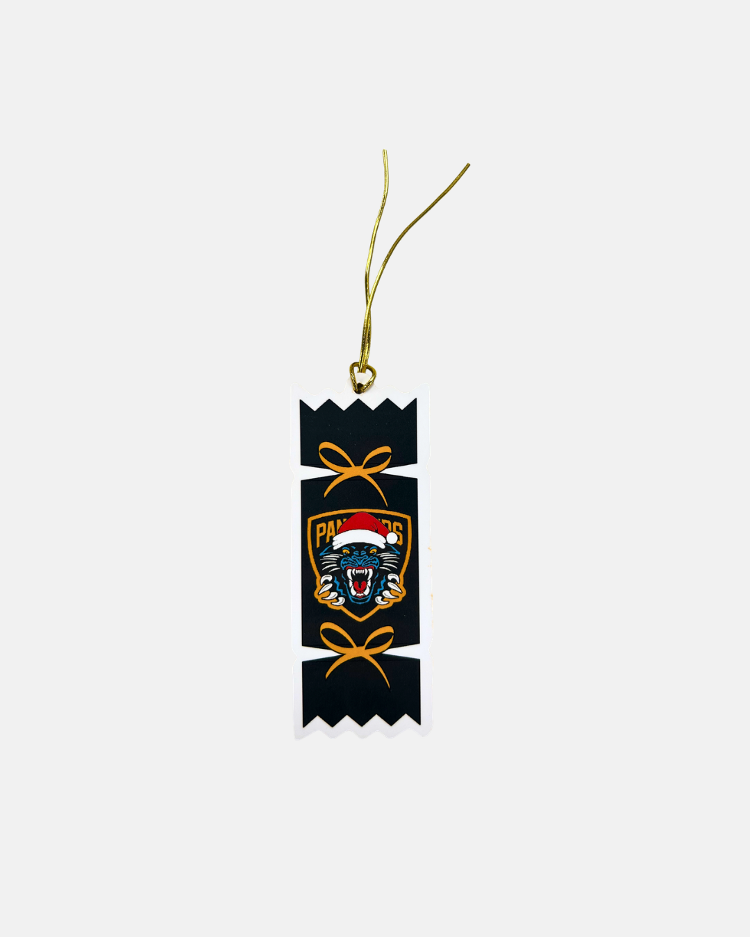 Introducing the Panthersland Nottingham Panthers Christmas Cracker Tree Decoration: a striking black and gold ornament shaped like a Christmas cracker, featuring the bold Nottingham Panthers logo at its center. Hung by a gold string against a plain white background, it’s the perfect festive addition for any Panthers fan.