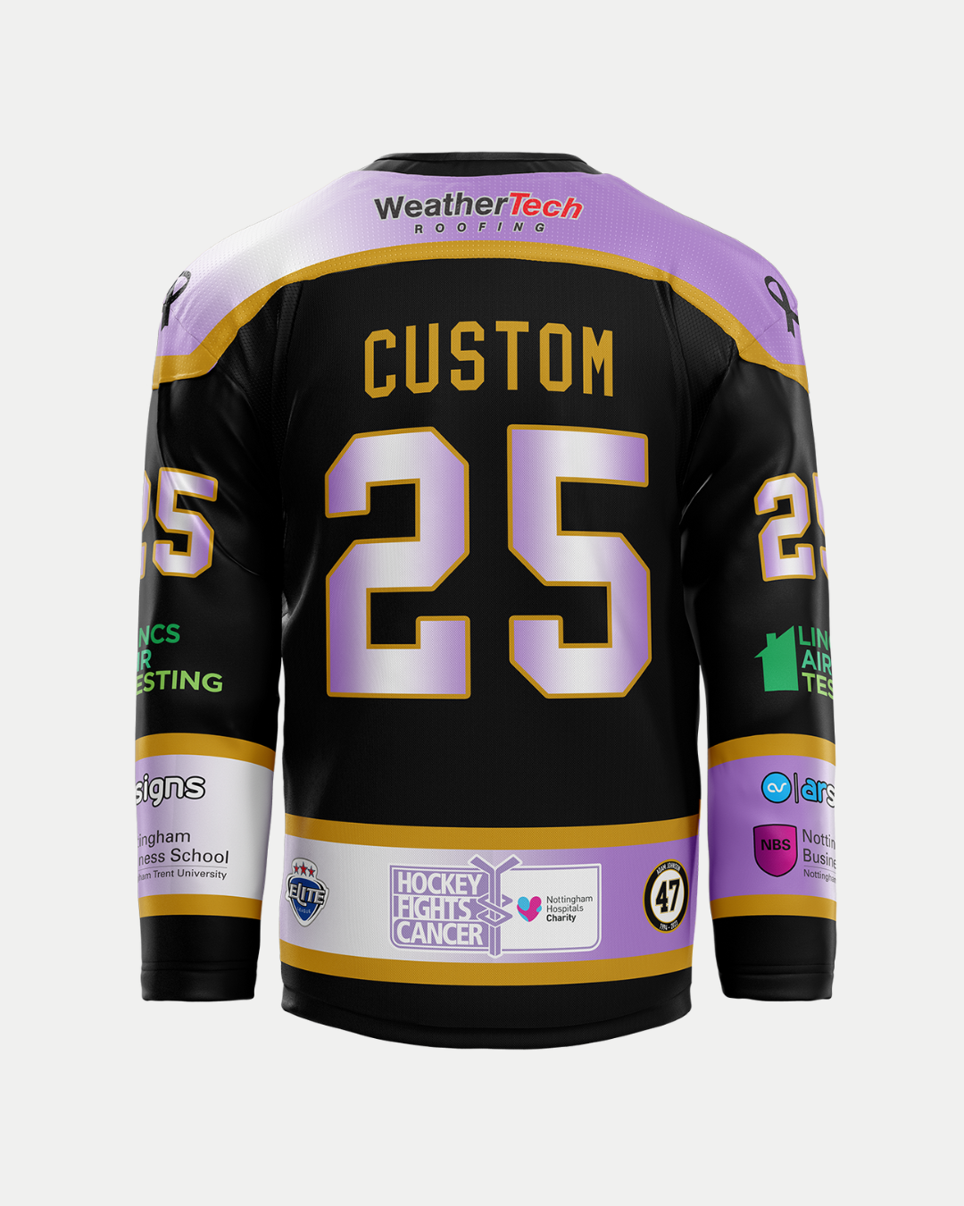 The Panthersland 2025/26 Classic Custom Replica Hockey Fights Cancer Jersey features CUSTOM and number 25 on the back, sponsor logos, a purple patch above the hem, and supports Nottingham Hospitals Charity—ideal for Panthers fans.