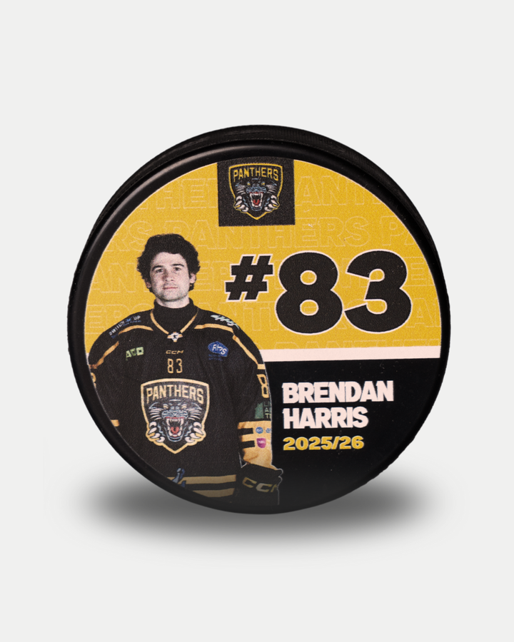 The 2025-26 Panthers Player Puck by Nottingham Panthers is a limited edition black puck featuring Brendan Harris in his #83 jersey, with the text "#83 Brendan Harris 2025/26" and the team logo above his image.