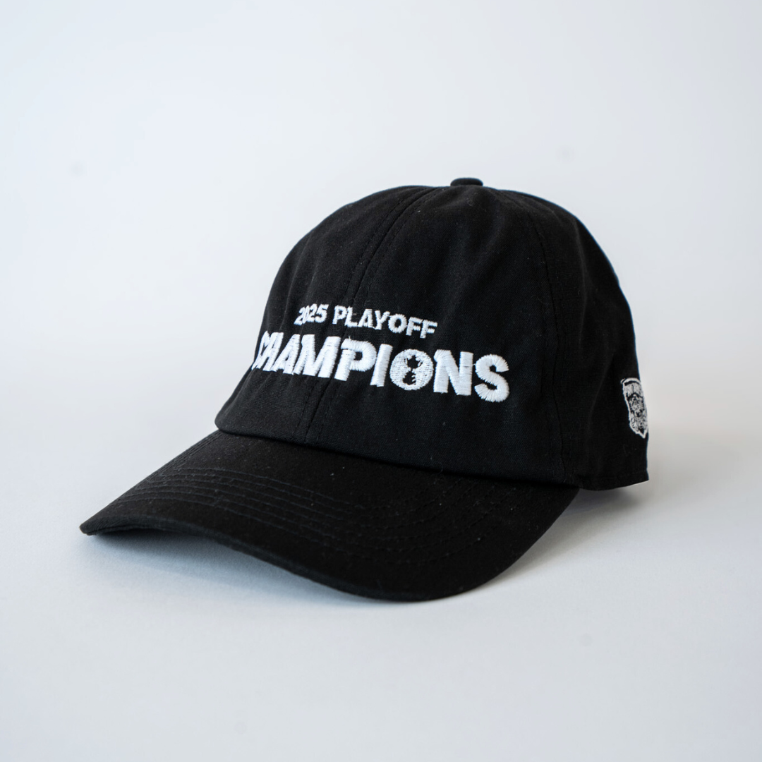 The Nottingham Panthers Made To Order Playoff Champions Panthers 2025 Organic Cotton Dad Cap in black & white features 2025 PLAYOFF CHAMPIONS embroidered on the front, crafted from 100% organic cotton, and shown on a plain light background.