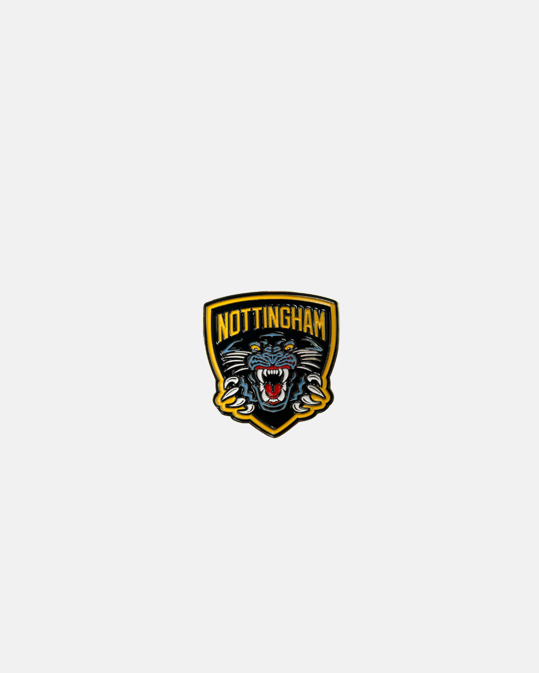 Show your Panthers pride with the Nottingham Panthers Crest Magnet from Panthersland, featuring a shield-shaped logo with “NOTTINGHAM” above a roaring black panther head outlined in yellow on a white background.