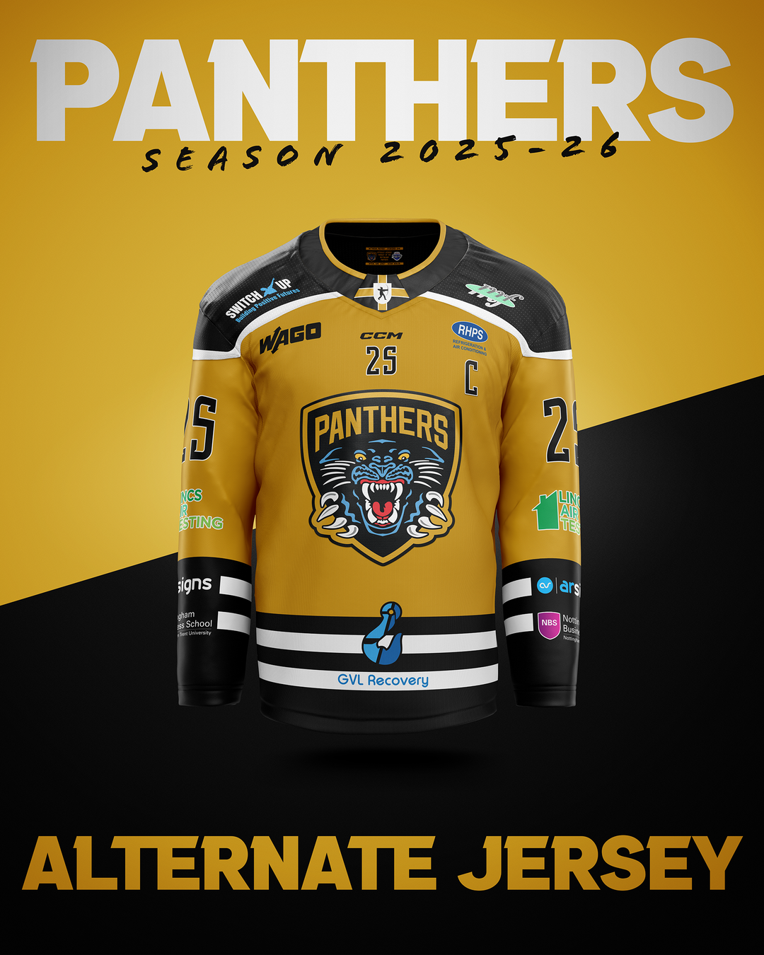 A gold and black hockey jersey featuring a roaring panther logo, the number 25, and sponsor logos. Text above reads “PANTHERS SEASON 2025-26” and below reads “ALTERNATE JERSEY.”.