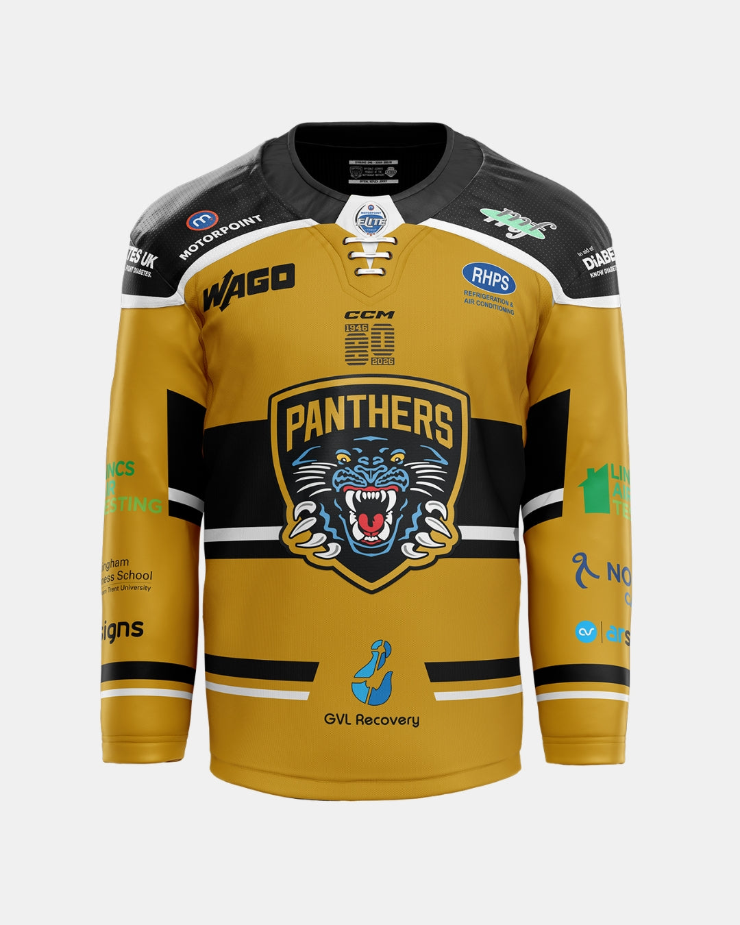 Introducing The Nottingham Panthers 2026/27 Authentic Replica Alternate Jersey—a gold and black ice hockey jersey featuring a striking, embroidered roaring panther logo on the chest, multiple sponsor logos, and “PANTHERS” displayed across the front. Part of the official 2026/27 jerseys collection, this replica jersey is designed with black sleeves and shoulders complemented by gold and white accents.