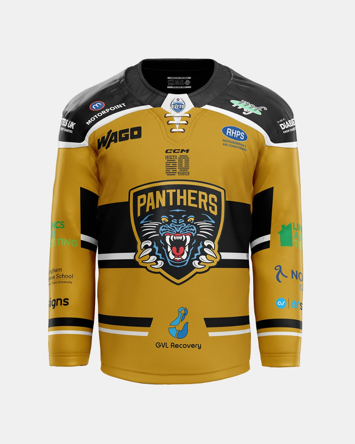 Introducing The Nottingham Panthers 2026/27 Authentic Replica Alternate Jersey—a gold and black ice hockey jersey featuring a striking, embroidered roaring panther logo on the chest, multiple sponsor logos, and “PANTHERS” displayed across the front. Part of the official 2026/27 jerseys collection, this replica jersey is designed with black sleeves and shoulders complemented by gold and white accents.