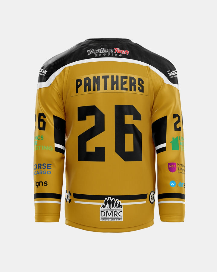 Back view of The Nottingham Panthers 2026/27 Authentic Team Replica Alternate Jersey in gold with bold black and white accents. The back features “PANTHERS” and the number “26” printed in striking black. Multiple sponsor logos are displayed on the sleeves, shoulders, and lower back, while an embroidered chest logo adds a premium touch to this standout hockey jersey.