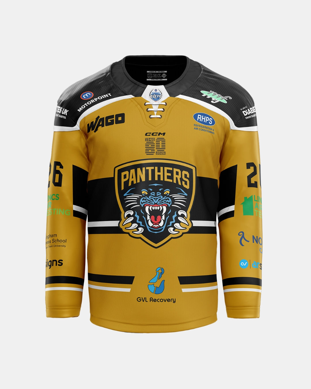 Check out the 2026/27 Authentic Team Replica Alternate Jersey by The Nottingham Panthers—a gold and black jersey featuring “Panthers” and a roaring, embroidered chest logo on the front, various sponsor logos, the number 26 on both sleeves, and space to add your favorite player’s name and number.
