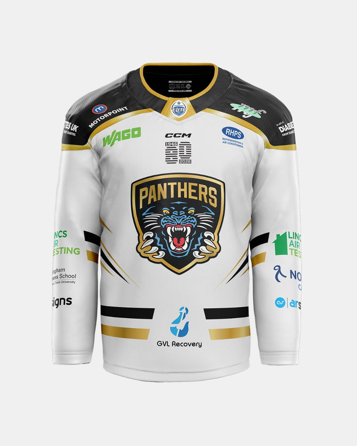 The Nottingham Panthers’ 2026/27 Authentic Replica Away Jersey features a crisp white design with a bold, embroidered roaring Panthers chest logo, black and gold trim accents, and multiple sponsor logos across the shoulders, sleeves, and front—making it a standout addition to the official 2026/27 jerseys collection.