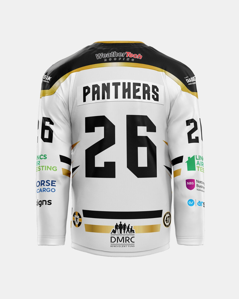 Showcasing the back of The Nottingham Panthers 2026/27 Authentic Custom Replica Away Jersey in white with bold black and gold accents, this official replica features “PANTHERS” and the number 26. Embroidered on the chest is the team’s logo, while sponsor logos on the sleeves and lower back add to its authentic appearance.