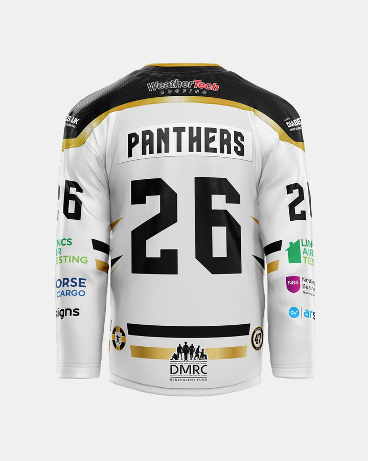 Showcasing the back of The Nottingham Panthers 2026/27 Authentic Custom Replica Away Jersey in white with bold black and gold accents, this official replica features “PANTHERS” and the number 26. Embroidered on the chest is the team’s logo, while sponsor logos on the sleeves and lower back add to its authentic appearance.
