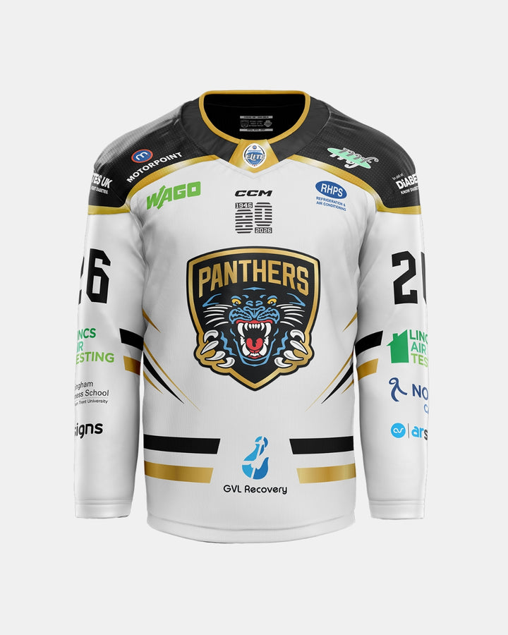 The Nottingham Panthers 2026/27 Authentic Custom Replica Away Jersey features a striking white and black design with gold accents, an embroidered roaring panther logo on the chest, number 26 on the sleeves, and multiple sponsor logos—making it the perfect choice for fans seeking an official replica or a customizable team jersey.