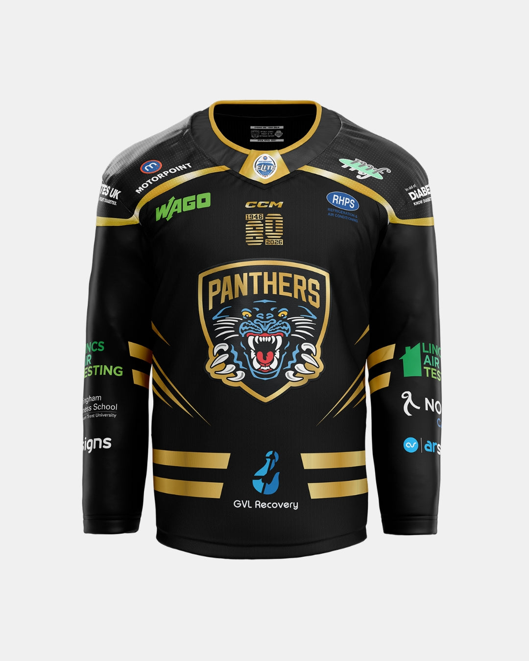 Introducing the 2026/27 Authentic Replica Home Jersey from The Nottingham Panthers—a striking black hockey jersey featuring bold gold stripes, an embroidered roaring panther chest logo with “Panthers” across the front, and authentic sponsor logos on the sleeves, chest, and hem. This official replica jersey perfectly captures the signature style of The Nottingham Panthers’ 2026/27 season.
