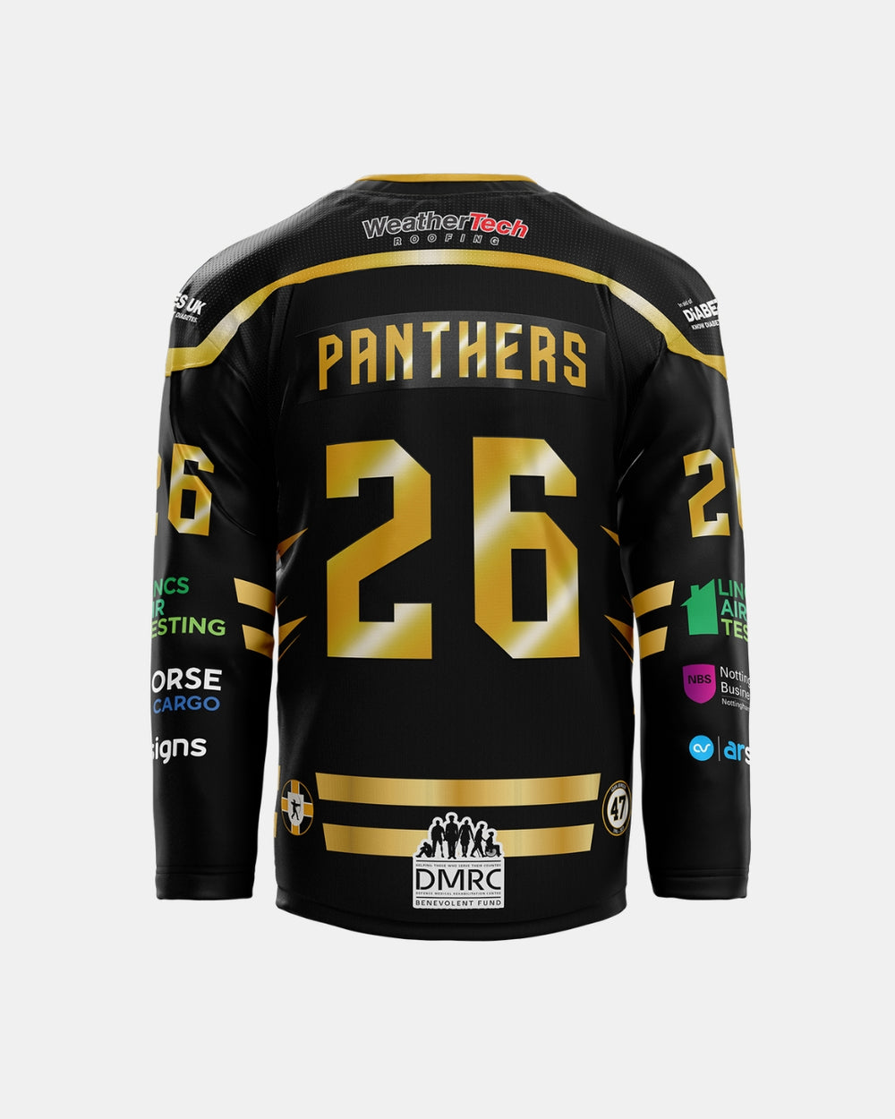Rear view of The Nottingham Panthers 2026/27 Authentic Team Replica Home Jersey in black and gold, featuring the name Panthers and the number 26, with various sponsor logos displayed on the back, sleeves, and lower part of the shirt.