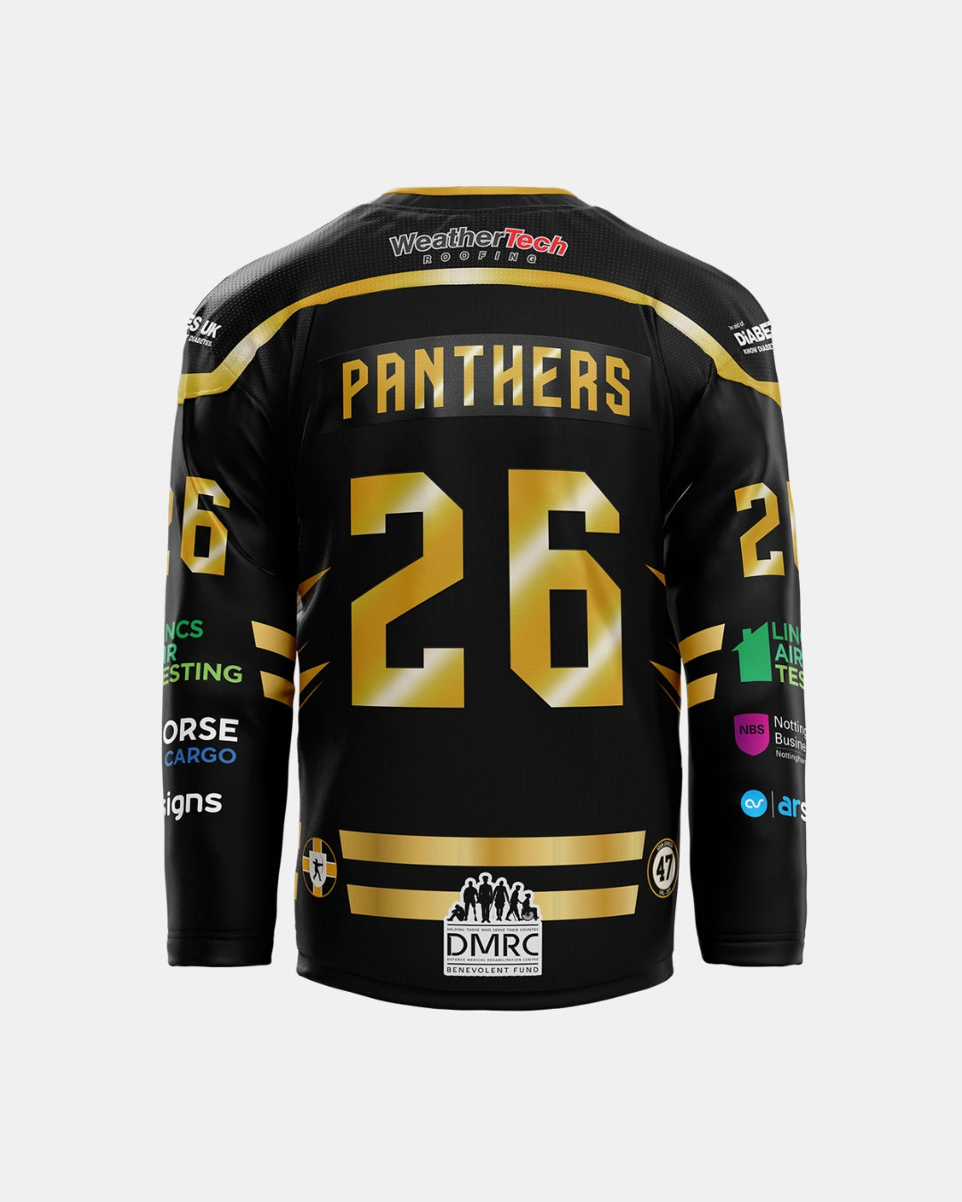 Rear view of The Nottingham Panthers 2026/27 Authentic Team Replica Home Jersey in black and gold, featuring the name Panthers and the number 26, with various sponsor logos displayed on the back, sleeves, and lower part of the shirt.