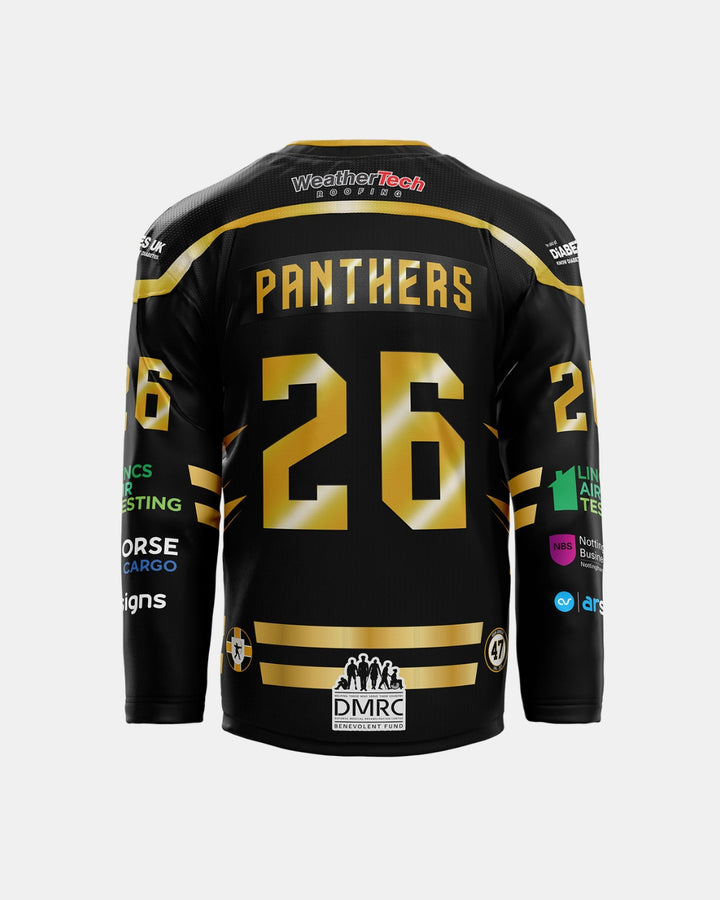 Rear view of The Nottingham Panthers 2026/27 Authentic Team Replica Home Jersey in black and gold, featuring the name Panthers and the number 26, with various sponsor logos displayed on the back, sleeves, and lower part of the shirt.