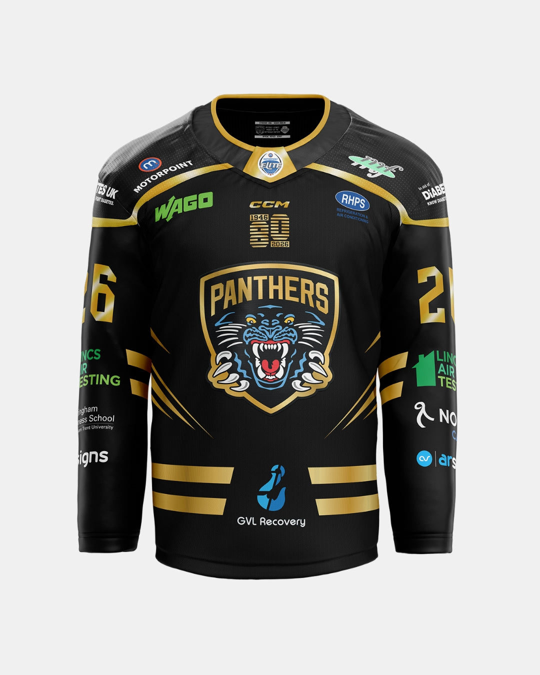 A black and gold 2026/27 Authentic Team Replica Home Jersey by The Nottingham Panthers, featuring “Panthers” and a roaring panther logo on the chest, number 26 on the sleeves, and multiple sponsor logos throughout.