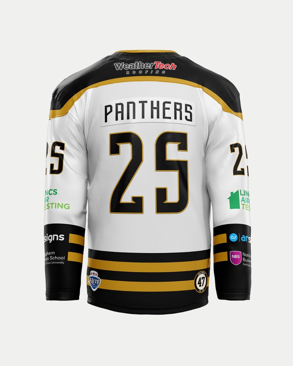 The Nottingham Panthers 2025/26 Authentic Custom Replica Away Jersey features a white and black design with gold accents, PANTHERS above the large number 25, sponsor logos, Elite Ice Hockey League logo, and embroidered chest logo (back view).