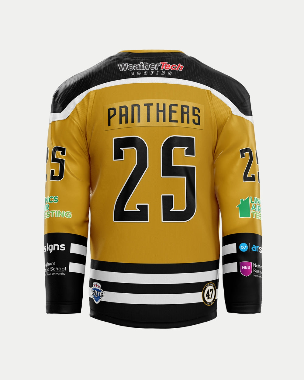 Show your team pride with The Nottingham Panthers 2025/26 Authentic Team Replica Alternate Jersey in gold and black, featuring PANTHERS and 25 on the back, black and white stripes, sponsor logos, and a 47 patch—ideal for dedicated fans.