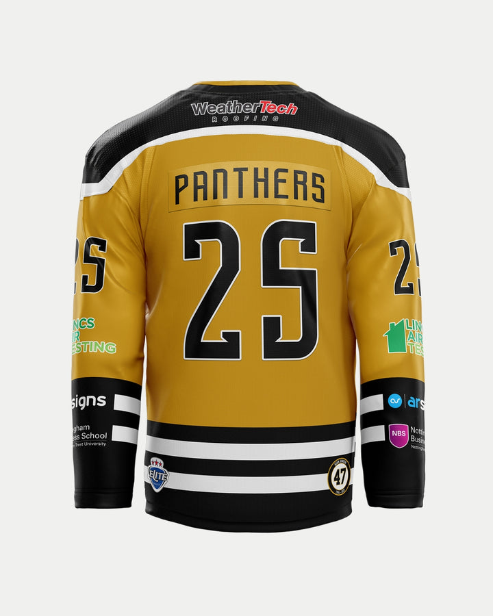 Show your team pride with The Nottingham Panthers 2025/26 Authentic Team Replica Alternate Jersey in gold and black, featuring PANTHERS and 25 on the back, black and white stripes, sponsor logos, and a 47 patch—ideal for dedicated fans.