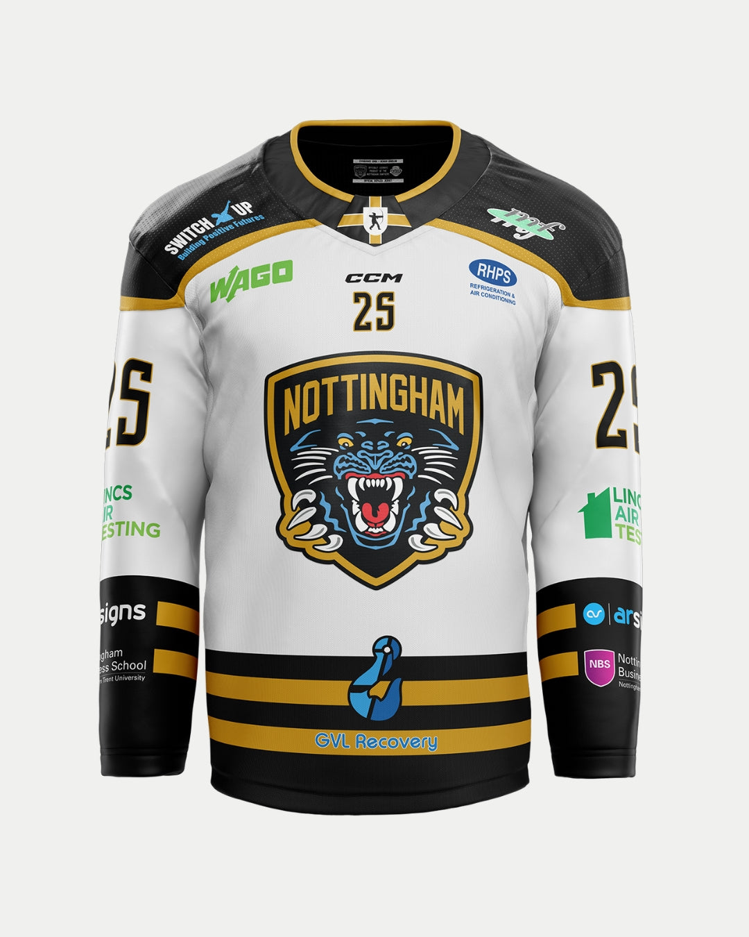 The Nottingham Panthers 2025/26 Authentic Custom Replica Away Jersey is white with black and gold accents, features the roaring embroidered chest logo, number 25 on front and sleeves, plus sponsor logos.