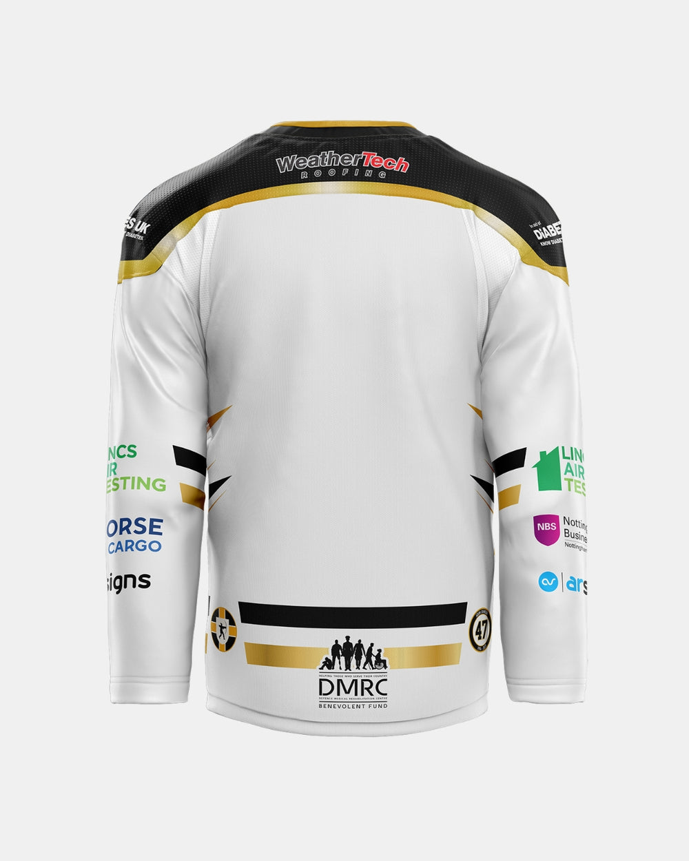 A white Nottingham Panthers 2026/27 Authentic Replica Away Jersey with black and gold accents is shown from the back. The jersey displays multiple sponsor logos, a striped design, and the number 47 near the lower right. It features a black collar and is set against a plain white background. Part of the official jerseys collection, this replica showcases authentic details such as an embroidered chest logo on the front.