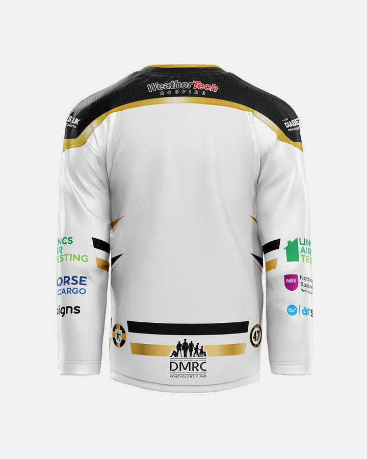 A white Nottingham Panthers 2026/27 Authentic Replica Away Jersey with black and gold accents is shown from the back. The jersey displays multiple sponsor logos, a striped design, and the number 47 near the lower right. It features a black collar and is set against a plain white background. Part of the official jerseys collection, this replica showcases authentic details such as an embroidered chest logo on the front.
