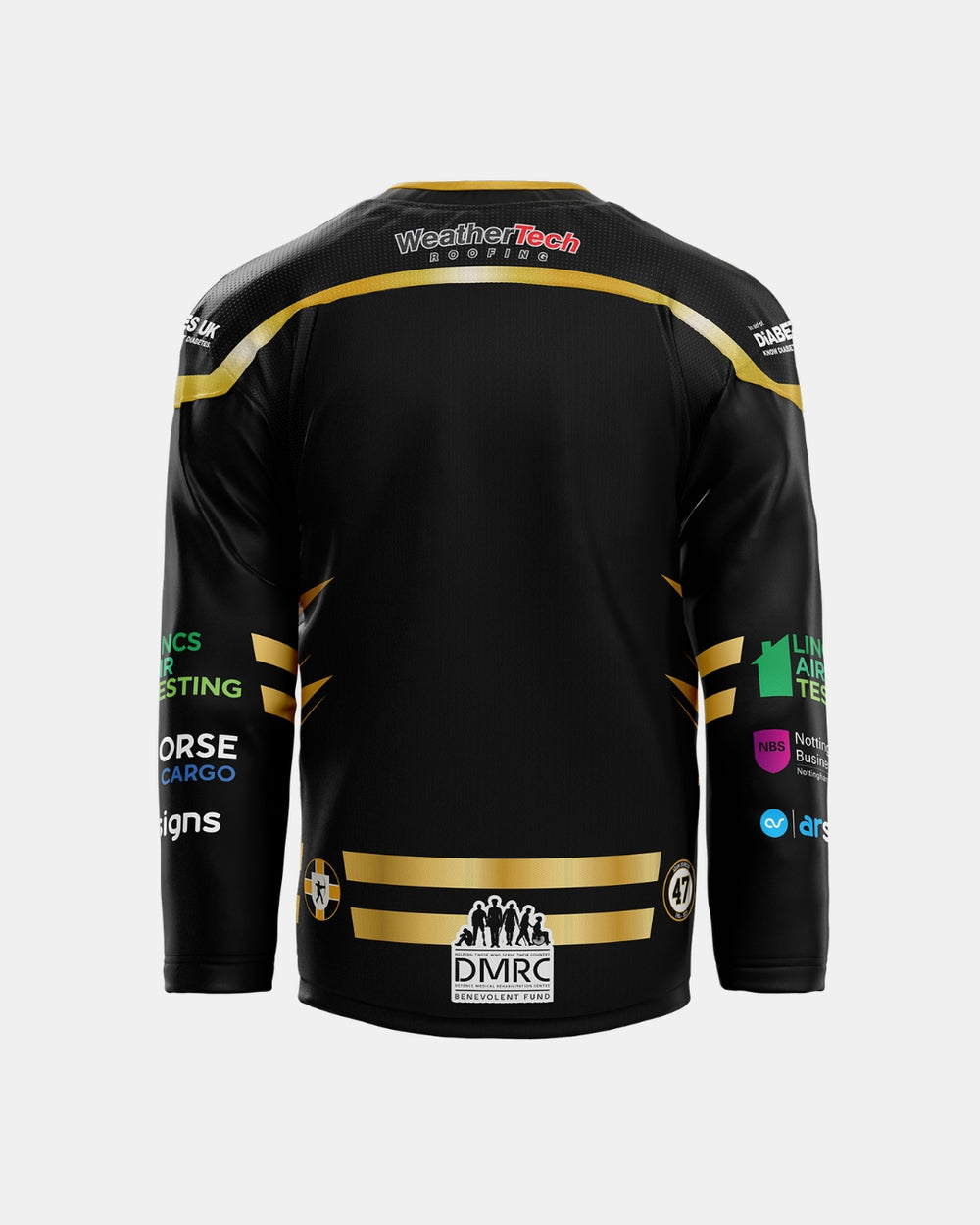 A black 2026/27 Authentic Replica Home Jersey by The Nottingham Panthers, viewed from the back, features gold stripes, multiple sponsor logos—including WeatherTech as the main sponsor at the top—and the number 47 at the bottom right. An embroidered chest logo adds detail to this official replica jersey inspired by next season’s design.