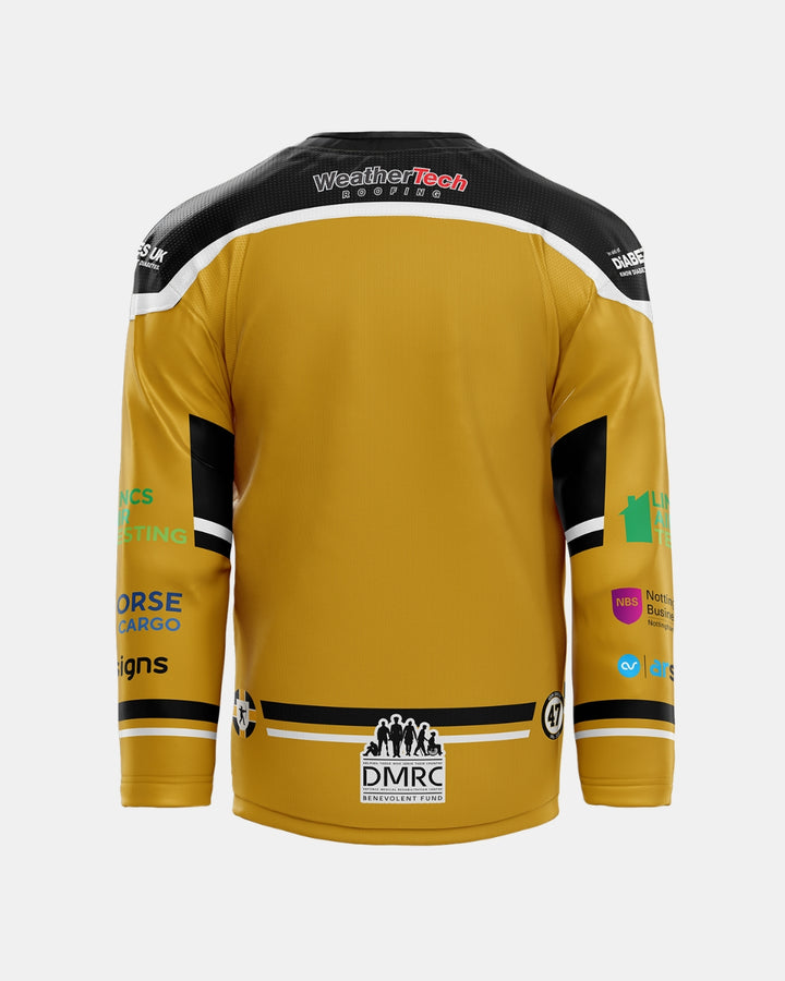 The Nottingham Panthers 2026/27 Classic Replica Alternate Jersey features a striking gold design with black and white accents, multiple sponsor logos on the sleeves and lower back, and “WeatherTech” displayed across the upper back—making it an eye-catching addition to any jersey collection.