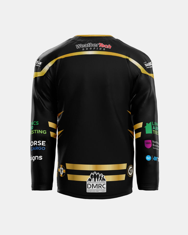 A black and gold 2026/27 Classic Replica Home Jersey from The Nottingham Panthers, viewed from the back and showcasing sponsor logos on the shoulders, lower back, and sleeves, with the number 47 at the bottom right—ideal for fans wanting to add an official Nottingham Panthers jersey from the upcoming collection to their lineup.