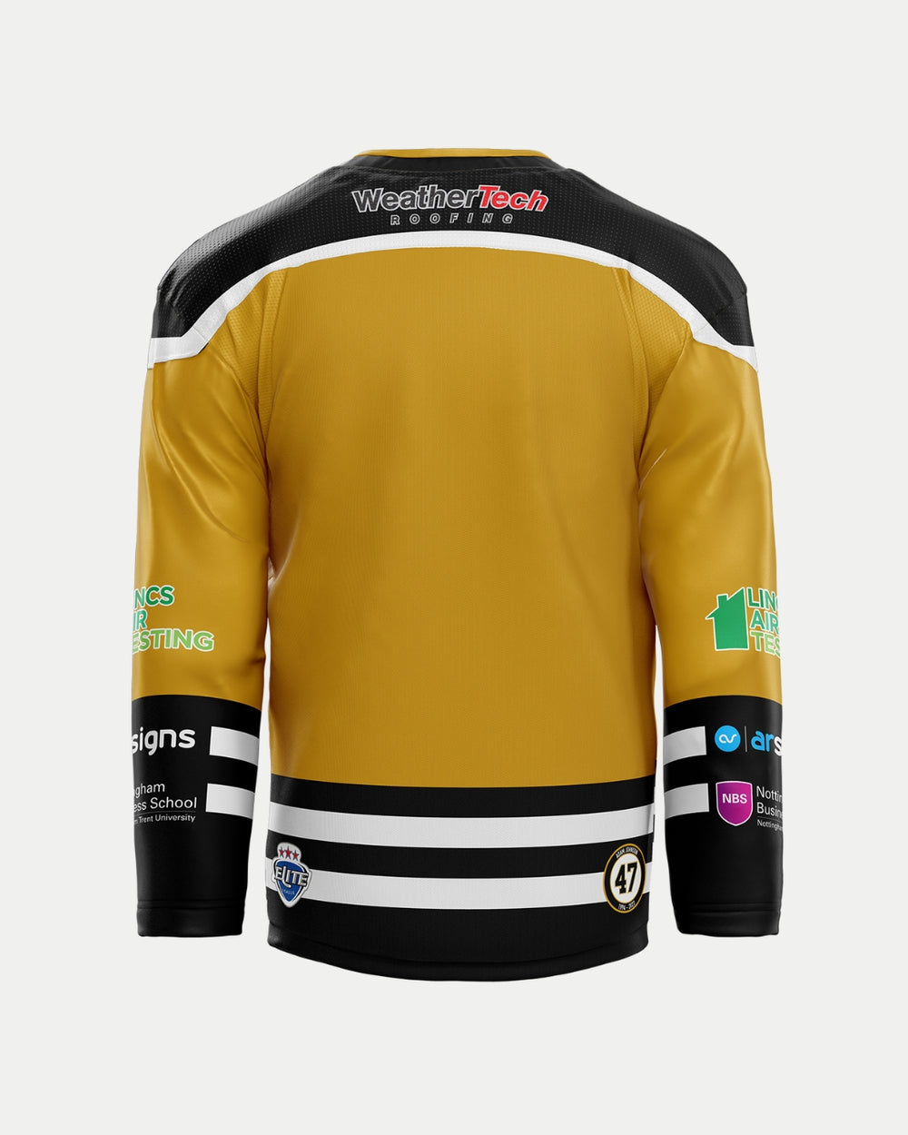 The Nottingham Panthers 2025/26 Authentic Replica Alternate Jersey in gold, black, and white features sponsor logos on the sleeves, upper back, and sides, an embroidered chest logo, and number 47 on the lower right. Seen from the back.