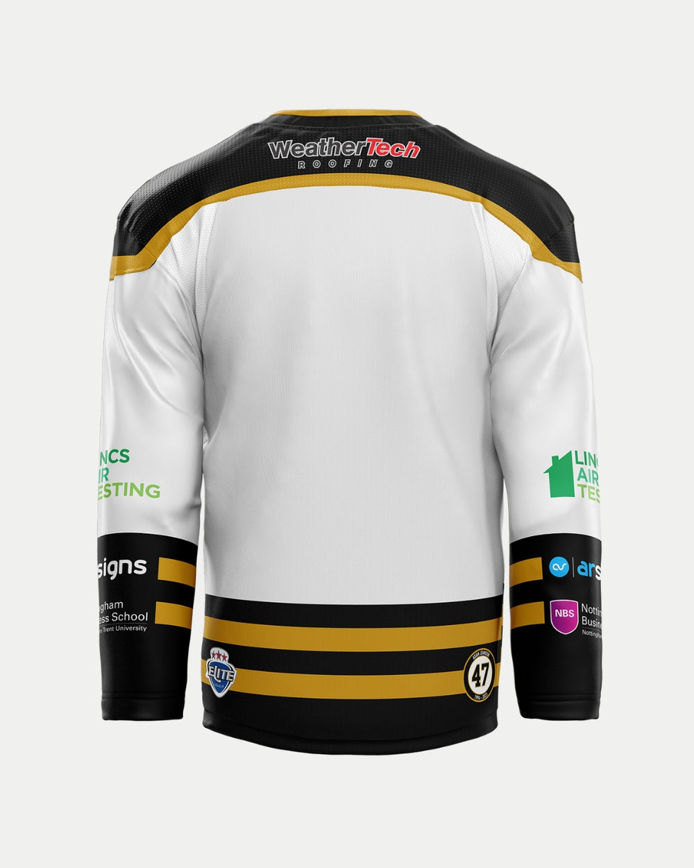 Back view of The Nottingham Panthers 2025/26 Authentic Replica Away Jersey in white with black and gold accents, embroidered chest logo, sponsor logos, number 47, and an Elite patch near the bottom.