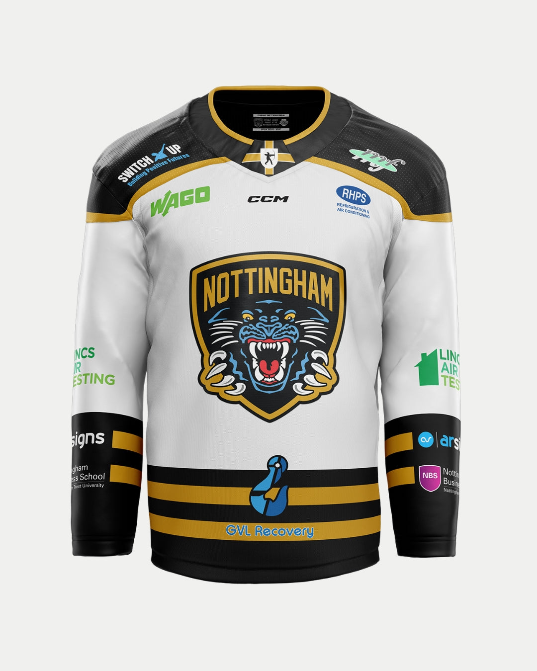 The Nottingham Panthers 2025/26 Authentic Replica Away Jersey features a white and black design with gold and black sleeve and hem stripes, a large embroidered roaring panther chest logo, and sponsor logos throughout.