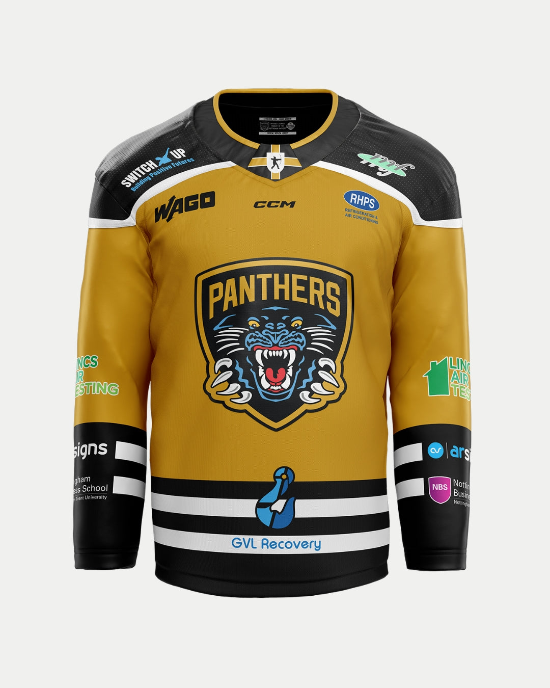 The Nottingham Panthers 2025/26 Authentic Replica Alternate Jersey in gold, black, and white features an embroidered roaring panther chest logo, sponsor logos on the chest, arms, bottom, and Panthers text above the panther’s head.