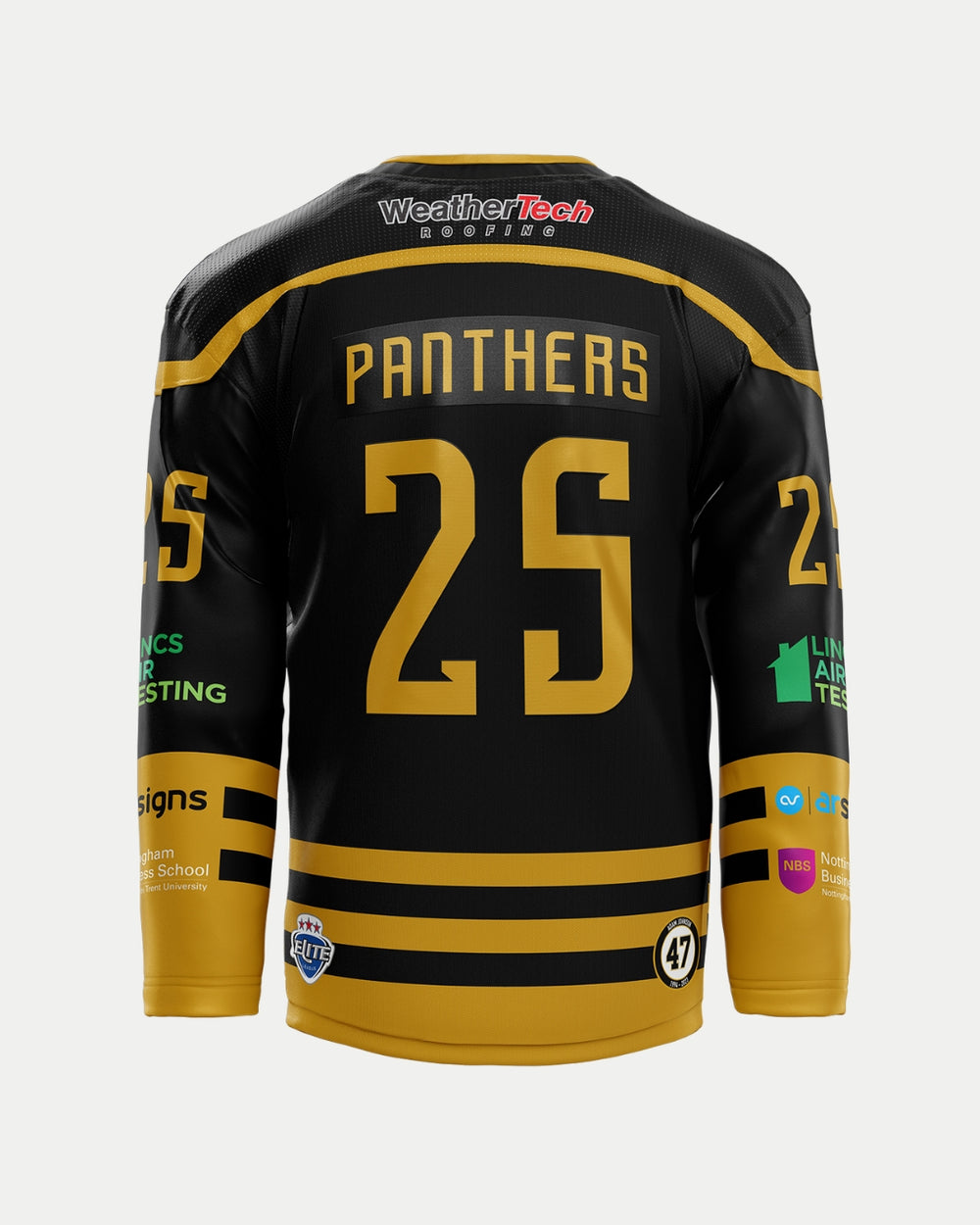 The Nottingham Panthers 2025/26 Authentic Custom Replica Home Jersey: black and gold with PANTHERS, number 25, sponsor logos on sleeves and lower back—an official replica from the latest collection.