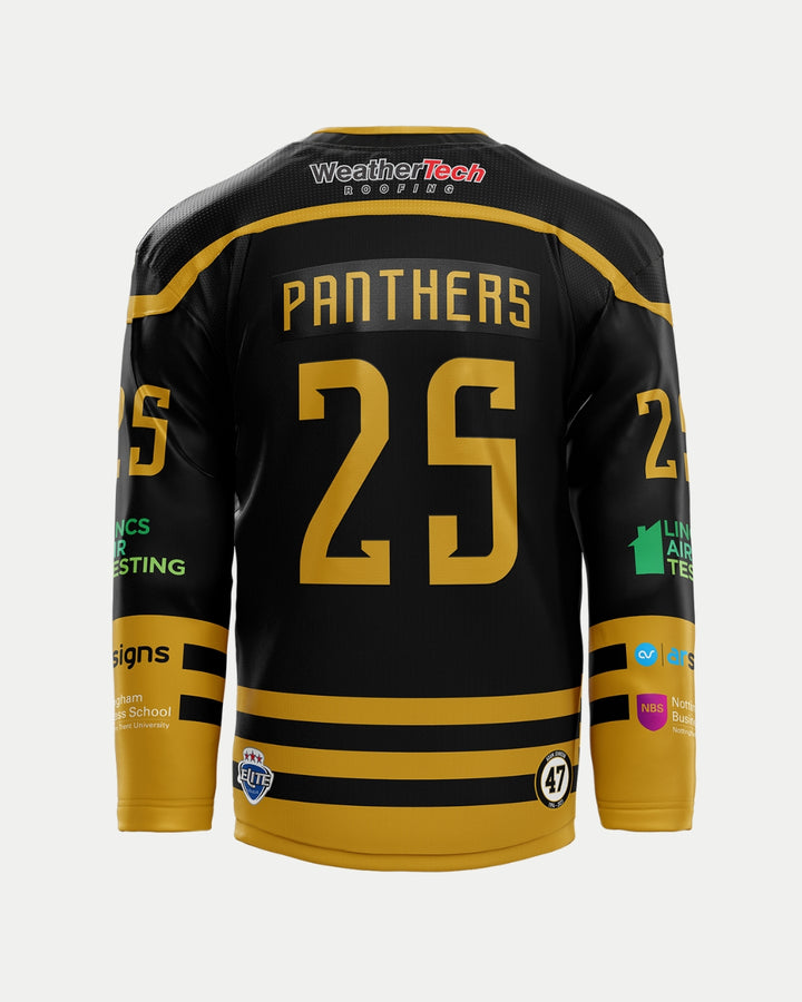 The Nottingham Panthers 2025/26 Authentic Custom Replica Home Jersey: black and gold with PANTHERS, number 25, sponsor logos on sleeves and lower back—an official replica from the latest collection.