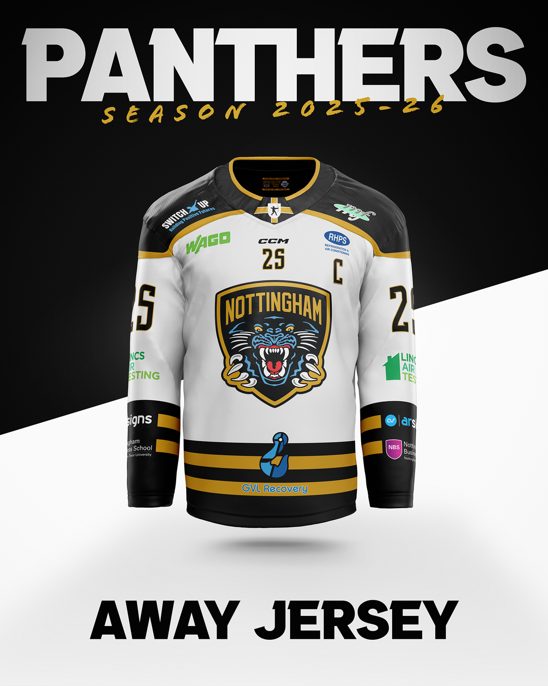A white Nottingham Panthers ice hockey away jersey for the 2025-26 season is displayed on a black and white background, featuring the team logo, sponsor logos, number 25, and the captains C.