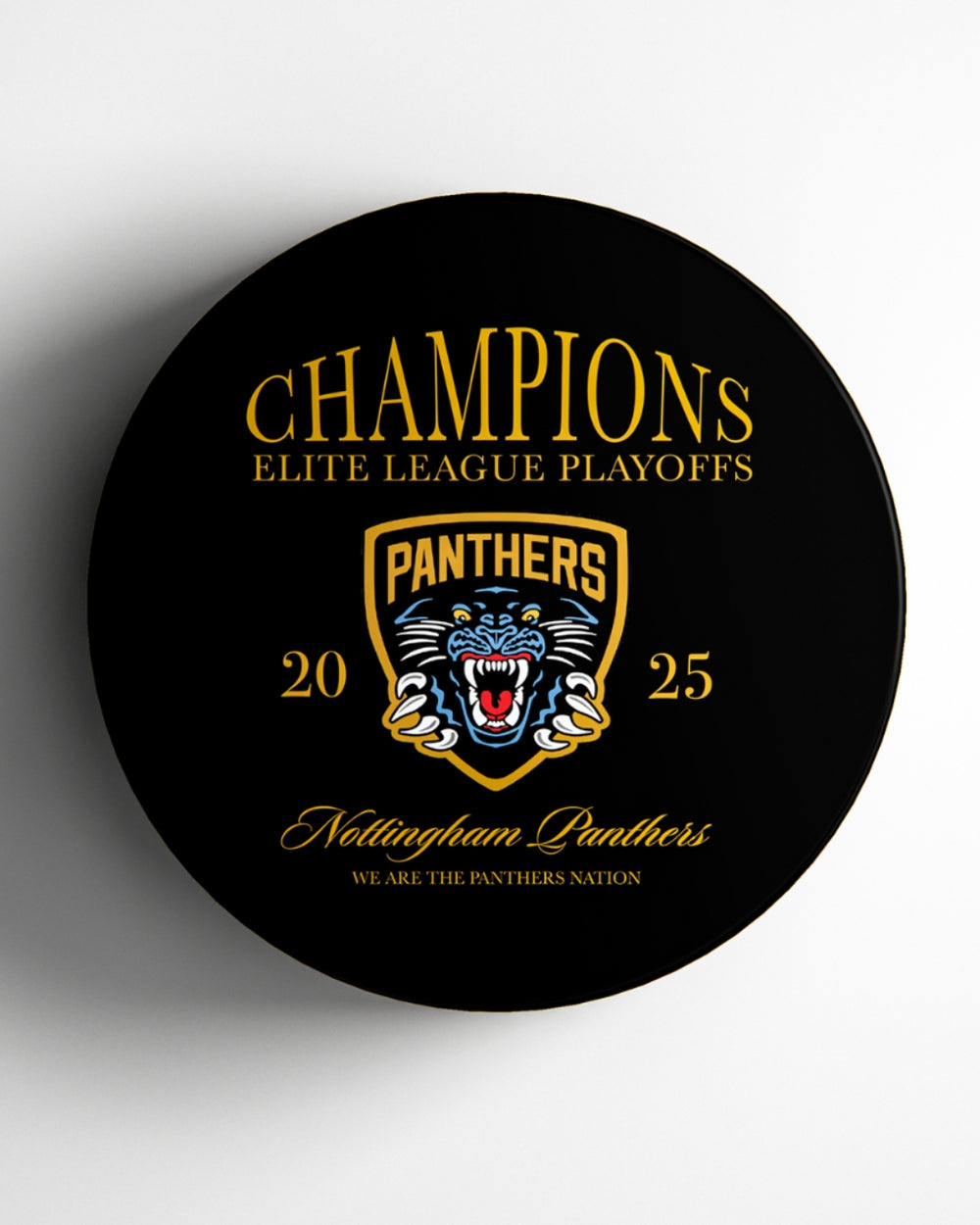 The Panthersland Nottingham Panthers Playoff Champions Puck 2025 Heritage is a black puck with CHAMPIONS ELITE LEAGUE PLAYOFFS, a roaring panther logo, PANTHERS, 2025, and Nottingham Panthers in bold gold and yellow.