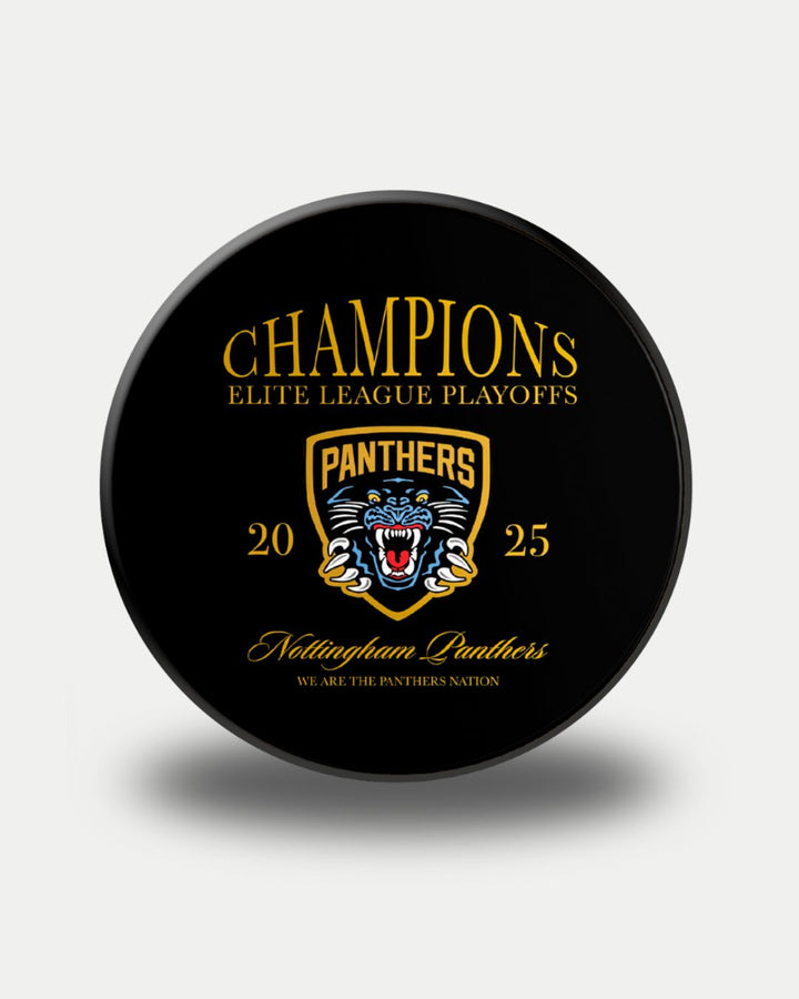 The Panthersland Nottingham Panthers Playoff Champions Puck 2025 Heritage is a black puck with CHAMPIONS ELITE LEAGUE PLAYOFFS in yellow, a roaring panther logo, the year 2025, and Nottingham Panthers in cursive below.
