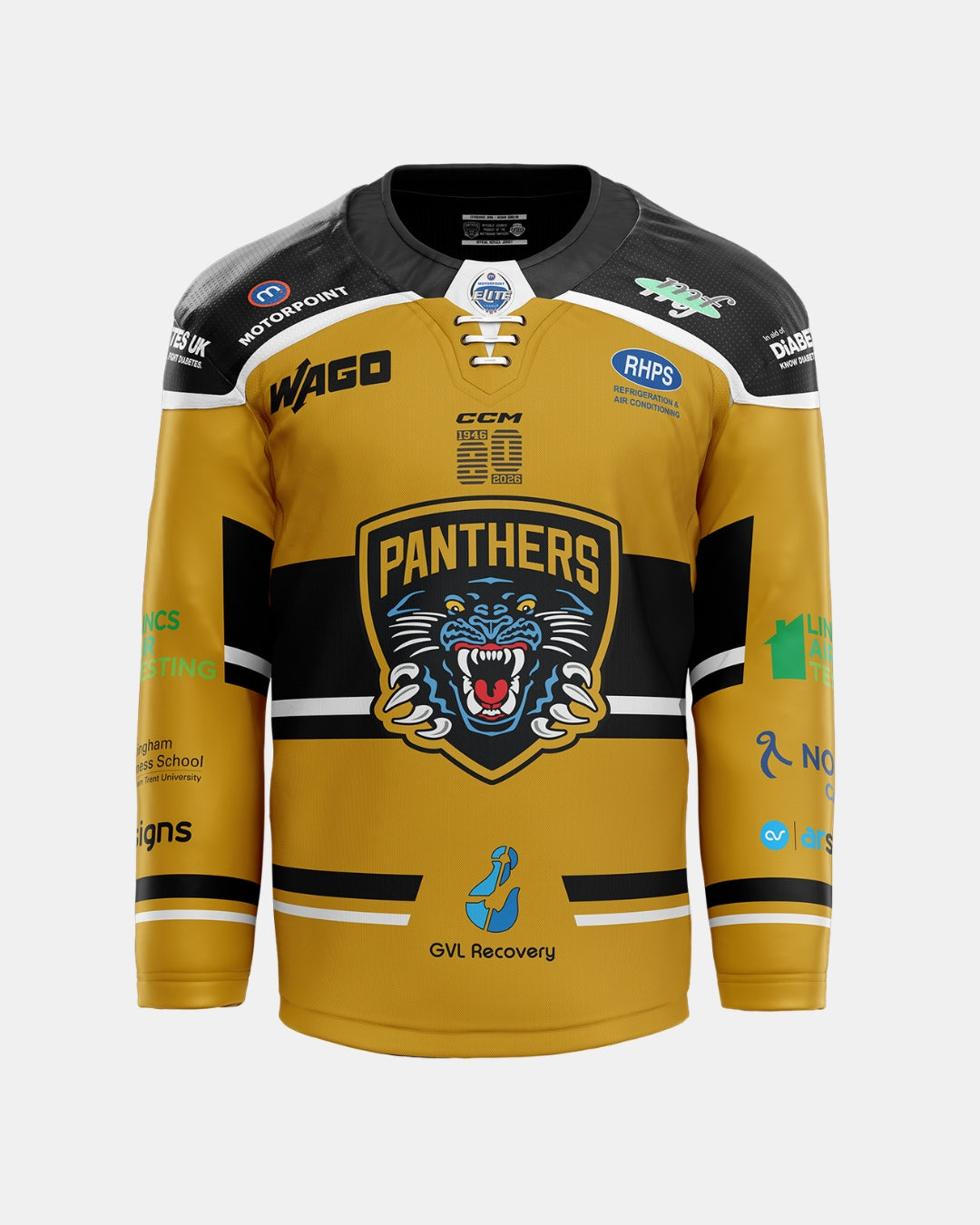 The 2026/27 Classic Replica Alternate Jersey by The Nottingham Panthers features a gold and black sublimated design with “Panthers” and a snarling panther logo on the front, various sponsor logos on the chest, sleeves, and collar, along with black and white accents.