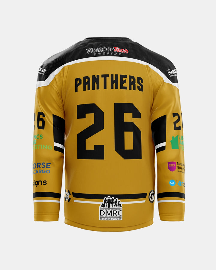 A 2026/27 Classic Team Replica Alternate Jersey by The Nottingham Panthers is shown on a light background, featuring gold and black colors with “PANTHERS” and the number 26 on the back. Multiple sponsor logos are visible on the back, arms, and shoulders.
