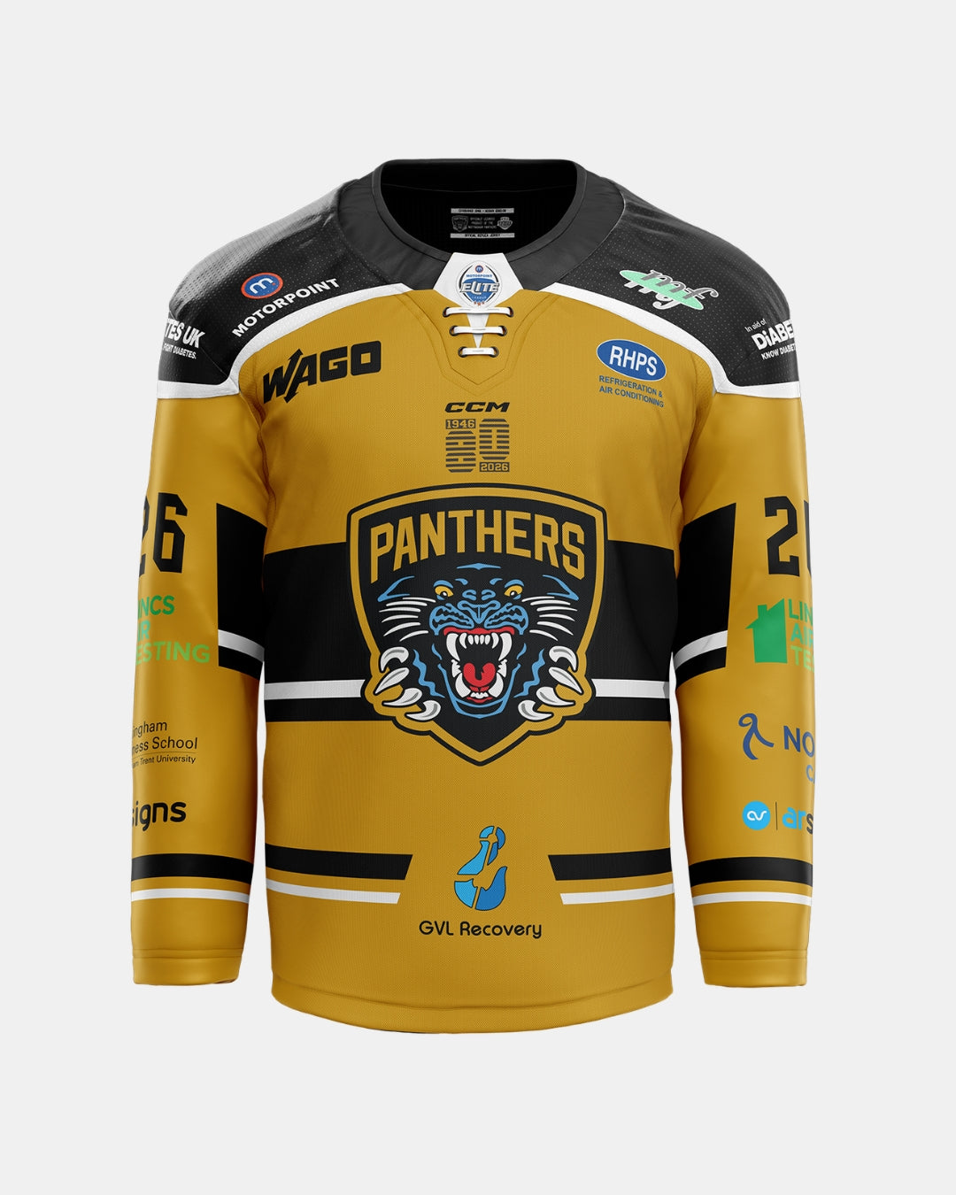 Show your Panthers pride with the 2026/27 Classic Team Replica Alternate Jersey by The Nottingham Panthers—this gold and black hockey jersey features a bold roaring panther logo, number 26 on the sleeves, multiple sponsor logos, and striking black accents on the shoulders and arms. An official replica from the exclusive 2026/27 jerseys collection—perfect for dedicated fans!.